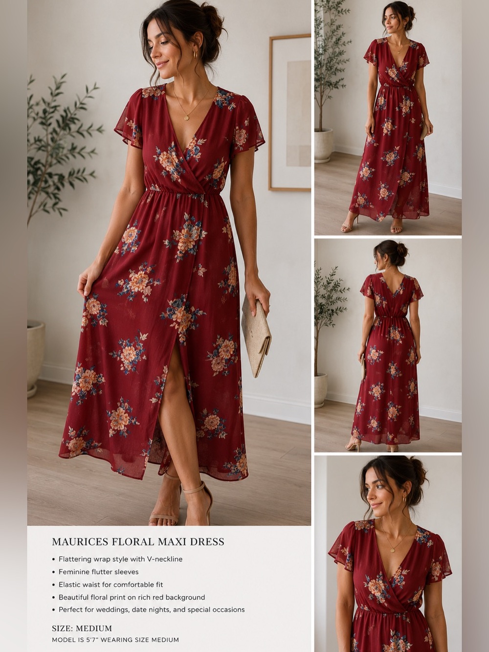 Maurices Burgundy Floral Maxi Dress Size Medium Boho Wrap Style cottagecore